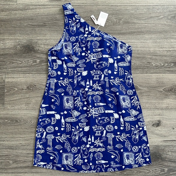 MADEWELL x Lisa Says Gah! One Shoulder Mini Dress Size 12 Linen Blue Greek Beach - Picture 9 of 12